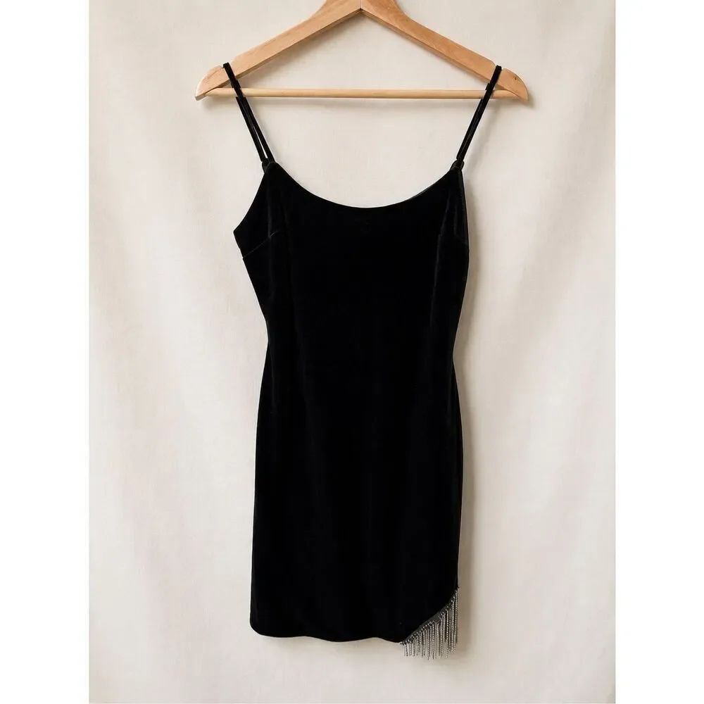City Studio Black Velvet Mini Dress Size 7 Rhinestone Fringe Party Cocktail